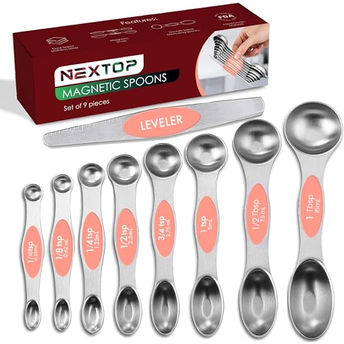 Magnetic Measuring Spoons Set of 9 Stainless Steel Dual-Sided Stackable Measuring Spoon Nesting Teaspoons Measuring Dry and Liquid Ingredients, Fits in Spice Jars Set of 9 (Peach) - color: Peach