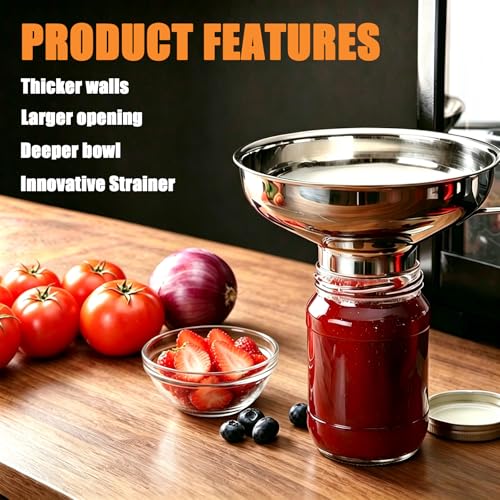 Stainless Steel Canning Funnel Set, Wide Mouth Kitchen Funnels with Strainer & Mesh, 5 Pack Canning Supplies for Mason Jars, Bottles, Jam, Liquids and Dry Goods