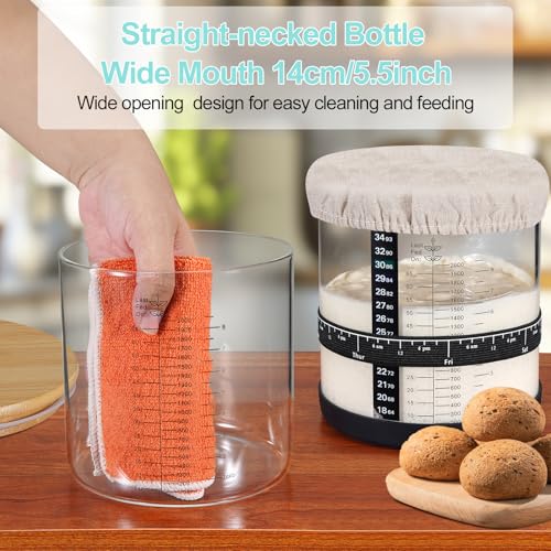 Large Sourdough Starter Jar 66 oz,Sourdough Starter Kit Wide Mouth with Ounce&ML Scale Line,Date Marked Feeding Band, Thermometer, Sourdough Jar Scraper, Cloth Cover & Bamboo Wood Lid (BLACK-66OZ/2L)