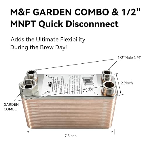 HFS(R) 40-Plate Stainless Steel 304 Homebrew Beer Wort Chiller Heat Exchanger, 7.5" x 2.9", M&F GARDEN COMBO x 1/2" MALE NPT, Quick Beer Cooling System (7.5'' 2.9''/40 plate, MF Combo x 1/2" NPT) - size: 7.5'' 2.9''/40 plate, MF Combo x 1/2" NPT