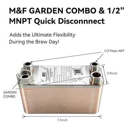HFS(R) 40-Plate Stainless Steel 304 Homebrew Beer Wort Chiller Heat Exchanger, 7.5" x 2.9", M&F GARDEN COMBO x 1/2" MALE NPT, Quick Beer Cooling System (7.5'' 2.9''/40 plate, MF Combo x 1/2" NPT) - size: 7.5'' 2.9''/40 plate, MF Combo x 1/2" NPT