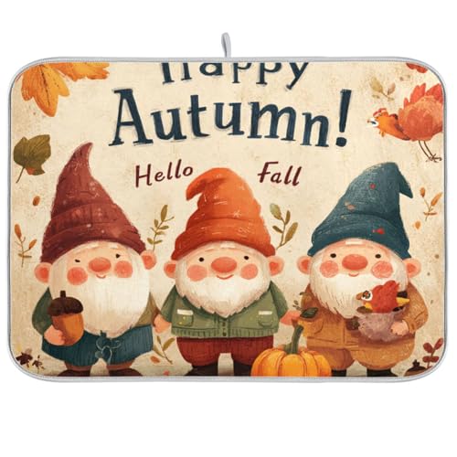 Fall Gnomes Pumpkin Maple Leaves Dish Drying Mat for Kitchen Counter Kitchen Drying Mat Dish Rack Mat Dish Drainer Pad Microfiber Absorbent Washable Drying Pad for Countertop 16 x 18 - color: Fall Gnomes Pumpkin Maple Leaves, size: 18'' x 24''