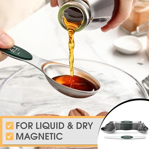 Spring Chef Stainless Steel Magnetic Measuring Spoons Set of 8 with Leveler, Stackable Magnetic Teaspoon & Tablespoon Set, Metal Kitchen Gadgets for Baking & Cooking, Fits in Spice Jars - Pine Green - color: Pine Green, size: 1-Pack