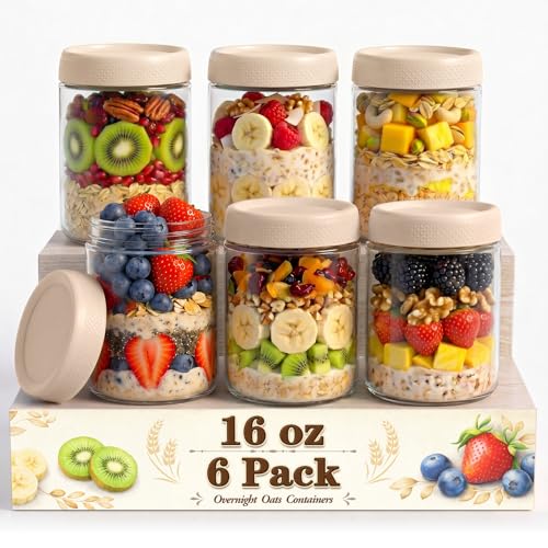 Overnight Oats Containers with Lids, 16oz Glass Storage Containers with Lids, Wide Mouth Mason Jars, Glass Jars with Airtight Lids for Sugar, Yogurt, Chia Seed, Pudding, Meal Prep 6-Pack - color: Beige