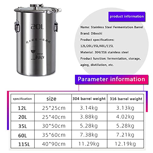 Stainless Steel Fermenter Conical Home Brewing Fermentation Tank，Including Temperature Patch, Silicone Plug, One-way Valve, Silicone Ring (316, 20L) - color: 316, size: 20L