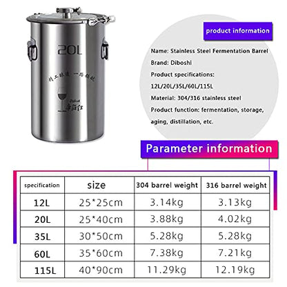 Stainless Steel Fermenter Conical Home Brewing Fermentation Tank，Including Temperature Patch, Silicone Plug, One-way Valve, Silicone Ring (316, 20L) - color: 316, size: 20L