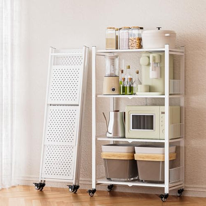 Folding Storage Shelves No Assembly, 4 Tier Foldable Storage Shelves with Wheels, Rolling Collapsible Rack for Pantry Laundry Room Kitchen, White - color: White/4-tier
