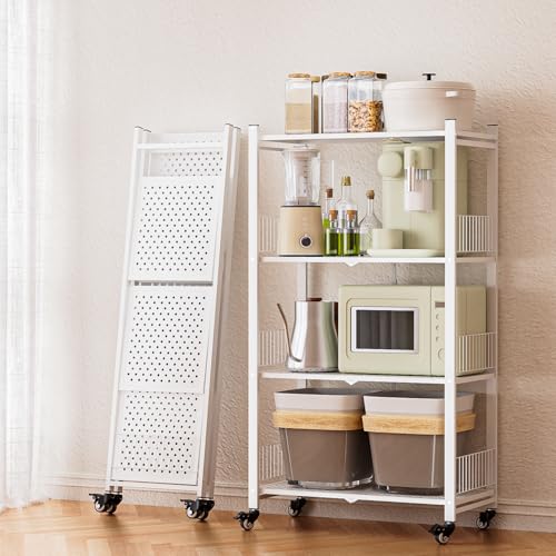 Folding Storage Shelves No Assembly, 4 Tier Foldable Storage Shelves with Wheels, Rolling Collapsible Rack for Pantry Laundry Room Kitchen, White - color: White/4-tier