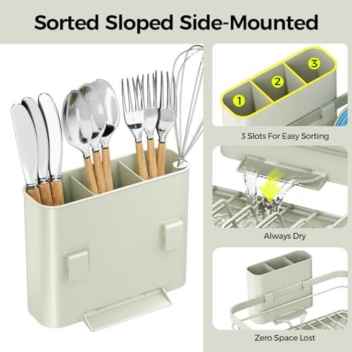 Urackify Dish Drying Rack for Kitchen Counter, Sink Dish Rack with Drainboard, Large Dish Drainer with Cups Holder, Home Countertop Plate Dryer Storage Rack with Cutlery Holder, Soft Celery Green - color: Soft Celery Green