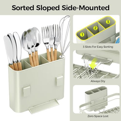 Urackify Dish Drying Rack for Kitchen Counter, Sink Dish Rack with Drainboard, Large Dish Drainer with Cups Holder, Home Countertop Plate Dryer Storage Rack with Cutlery Holder, Soft Celery Green - color: Soft Celery Green