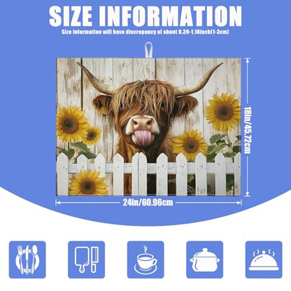 Sunflower Highland Cow Dish Drying Mat for Kitchen Counter Drying Pad Absorbent Reversible Dish Drainer Rack Mats Draining Pad 18"x24"Inch