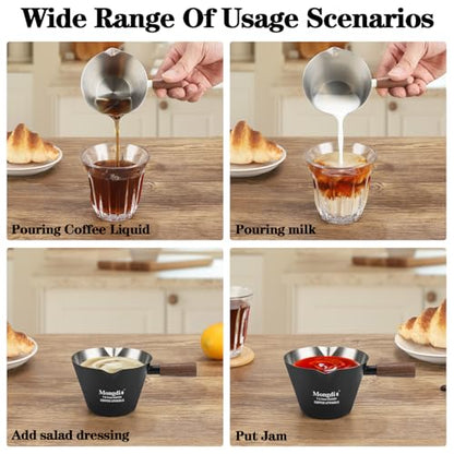 Mongdio 2 Pcs Espresso Measuring Cup, Stainless Steel Espresso Shot Cups with Wooden Handle and Double Spouts, 6.8OZ/200ML, Black - color: Black 2 pcs, size: 6.8oz