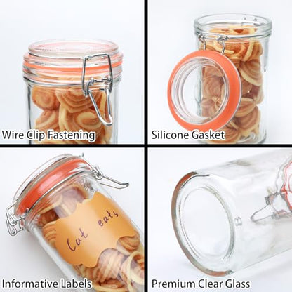 Flrolove 16 oz Glass Jars with Airtight Lid, Air Tight Glass Storage Jars | 6 Pack Glass Food Storage Containers, Leak Proof Rubber Gasket, Glass Canisters for Overnight Oats, Jelly, Coffee, Pickling - size: 16oz*6-cylinder