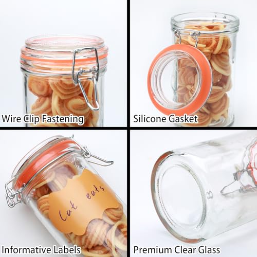 Flrolove 16 oz Glass Jars with Airtight Lid, Air Tight Glass Storage Jars | 6 Pack Glass Food Storage Containers, Leak Proof Rubber Gasket, Glass Canisters for Overnight Oats, Jelly, Coffee, Pickling - size: 16oz*6-cylinder