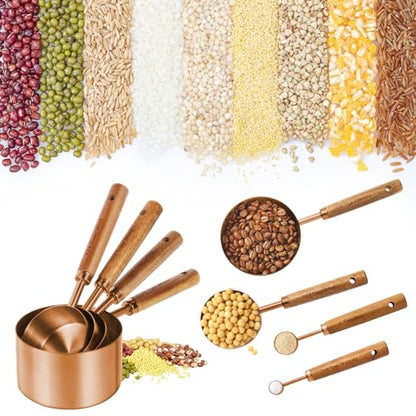 Copper Stainless Steel Measuring Cups and Spoons Set,8 Piece Measuring Cup Set with Wooden Handle and Metric and US Measurements，Copper Polished Finish，for Cooking and Baking in The Kitchen - color: Copper