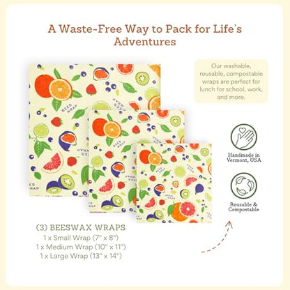 Bee's Wrap Beeswax Wraps for Food - 3 Pack of Assorted Beeswax Wraps - Small, Medium & Large Wrap - Plastic Free Made in USA Reusable Natural Food Wrap - Fresh Fruit Print - style: 3 Pack (Fresh Fruit)