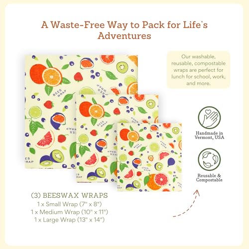 Bee's Wrap Beeswax Wraps for Food - 3 Pack of Assorted Beeswax Wraps - Small, Medium & Large Wrap - Plastic Free Made in USA Reusable Natural Food Wrap - Fresh Fruit Print - style: 3 Pack (Fresh Fruit)