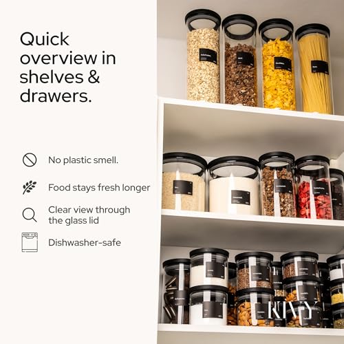 KIVY Airtight Glass Jars with Lids & Labels [3x 40oz] Stackable Glass storage jars with airtight lids - Glass Jars with airtight lid - Food Glass canisters with air tight lids - Pantry containers - size: 40oz * 3