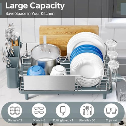 Stainless Steel Dish Drying Rack - Large Capcity 304 Grade Dish Drainer for Kitchen Counter with Drain Board, Utensil Holder & Detachable Cup Shelf, Rustproof Multifunctional Organizer, Pale Blue - color: Pale Blue