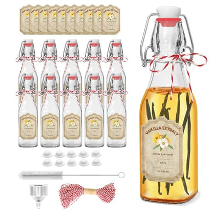 8oz Swing Top Glass Bottles for Vanilla Extract - 10 Pack Airtight Square Clear Jars with Leak-Proof Lids, DIY Kit with Stickers & Funnel - color: 10PC-8OZ-Square