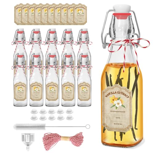 8oz Swing Top Glass Bottles for Vanilla Extract - 10 Pack Airtight Square Clear Jars with Leak-Proof Lids, DIY Kit with Stickers & Funnel - color: 10PC-8OZ-Square