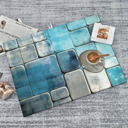 Kitchen Drying Mat for Countertop Modern Blue Geometric Tile Non-Slip Kitchen Counter Mat for Dishes Glassware - color: Blue Teal & Gray
