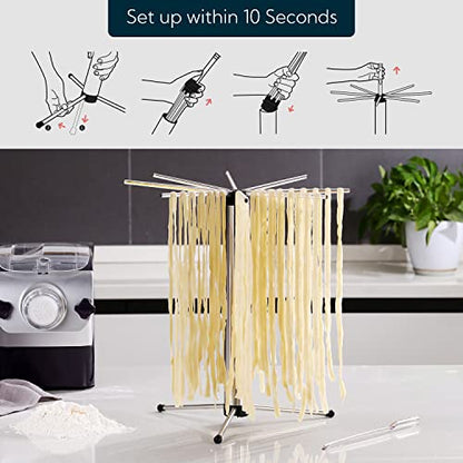 KITCHENDAO Collapsible Pasta Drying Rack, Foldable for Easy Storage, Rotary Arms, Detachable for Easy Cleaning, Stainless Steel Homemade Hanging for up to 6 lbs, Pasta Noodle Spaghetti Stand Hanger