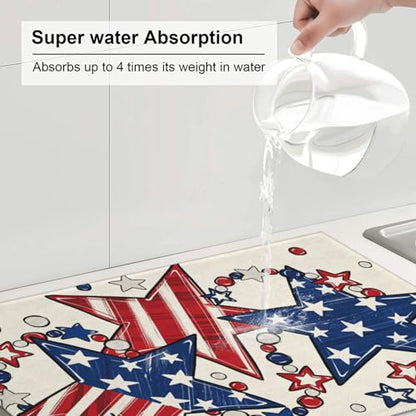 American Flag Stars And Stripes Microfiber Dish Drying Mat 18x24 Inch - Absorbent Non-Slip & Quick Dry Kitchen Counter Dish Drainer Pad, Rustic Farmhouse Style - color: American Flag Stars And Stripes