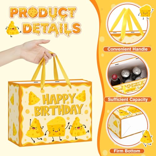 Woosytoo 재미있는 치즈 생일 선물 가방 만화 치즈 테마 생일 포장지 가방 인사말 카드 포함, 어린이 성인 마카로니 및 치즈 애호가 음식 피크닉 Bday 베이비 샤워 파티 - color: 치즈.