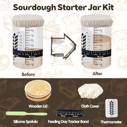 Sourdough Starter Kit,Sourdough Bread Baking Supplies(Green),10 Inch Oval & 9 Inch Round Banneton Bread Proofing Basket Set with Sourdough Starter Jar,Sourdough Kit Gifts for Baking Lovers