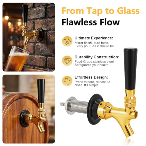 Draft Beer Shank Faucet Kit, 3Ft Beer Faucet Shank Self-Closing Golden Beer Tap Faucet, Kegerator Parts Wrench Barb Connector Tap Brush for Homebrew