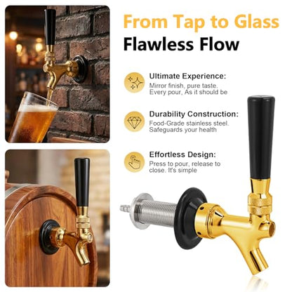 Draft Beer Shank Faucet Kit, 3Ft Beer Faucet Shank Self-Closing Golden Beer Tap Faucet, Kegerator Parts Wrench Barb Connector Tap Brush for Homebrew