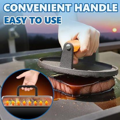 SafBbcue Round Cast Iron Smash Burger Grill Weight Press & Griddle Steamer Melting Dome Basting Cover for Blackstone Flat Top Grills Accessories, 14" Rectangular Stainless Steel Grill Basting Cover - style: 14InDome+Round Press