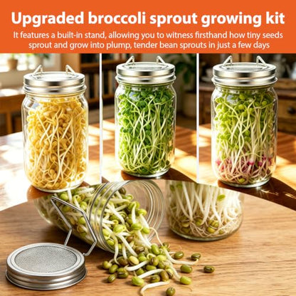 Sprouting Jars Kit, 2 Wide Mouth Mason Jars with 316 Stainless Steel Lids | Complete Kit with 4 Mesh Screens, 2 Light-Blocking Sleeves, Drip Tray and Cleaning Sponge for Fresh Sprouts & Microgreens