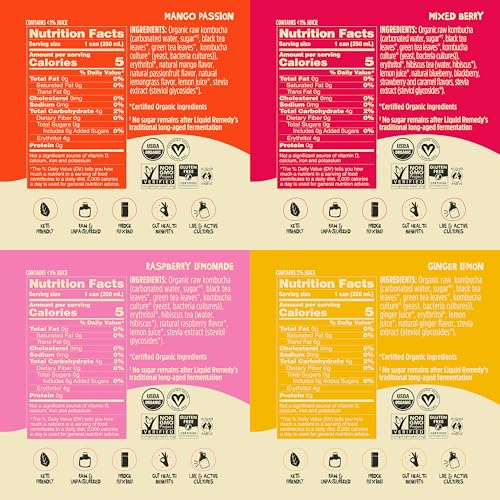 Liquid Remedy Kombucha Sugar Free Organic Drink, Low Calorie, Probiotic Like Tea for Gut Health - Super Sampler Variety Pack - 8.5 Fl Oz Can, 24-Pack