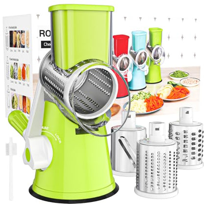 Cambom Rotary Cheese Grater Hand Crank Cheese Shredder for Fresh Cheese, Vegetable, Nuts,Non-slip Suction Base，Three Blades,Green - color: Green, size: 3 BLADES
