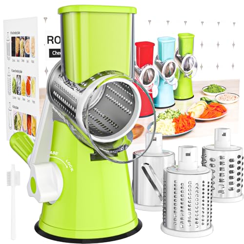 Cambom Rotary Cheese Grater Hand Crank Cheese Shredder for Fresh Cheese, Vegetable, Nuts,Non-slip Suction Base，Three Blades,Green - color: Green, size: 3 BLADES