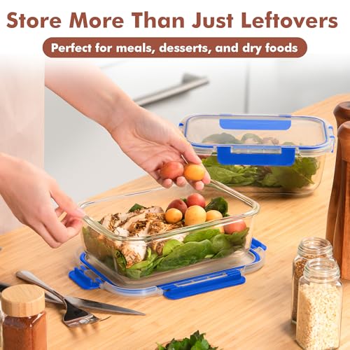Razab 2 Pcs 1860ml / 63 Oz Large Glass Food Storage Containers with Lids - Glass Meal Prep Containers with Locking Lids for Roasting, Storing Leftover, Lunch Container, BPA Free, Microwave & Oven Safe - color: Blue