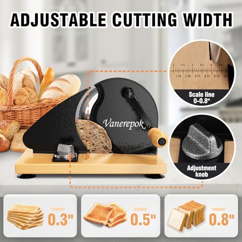 vanerepok Manual Bread Slicer Adjustable Thickness for Homemade Sourdough | Hand Crank Bread Cutter with Scale & Stable Suction Cups & Wood Base for Even Slicing Perfect Baking Gift for Home Bakers - color: Black