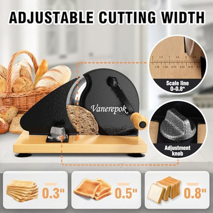 vanerepok Manual Bread Slicer Adjustable Thickness for Homemade Sourdough | Hand Crank Bread Cutter with Scale & Stable Suction Cups & Wood Base for Even Slicing Perfect Baking Gift for Home Bakers - color: Black