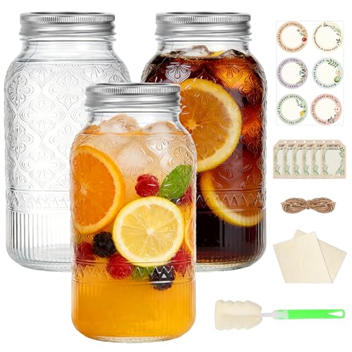 64oz Mason Jars Wide Mouth 3 Pack, Half Gallon Glass Canning Jars with Airtight Lids, Large Glass Containers for Pantry Storage, Fermenting, Pickling, Cold Brew, DIY Projects - color: Clear01-64oz