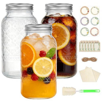 64oz Glass Mason Jars Wide Mouth 3-Pack with Airtight & Leakproof Lids | Half Gallon Canning Jars with Silver Split Lids, Large Containers for Pantry, Fermenting, Pickling, Cold Brew, DIY Projects - color: Clear01-64oz