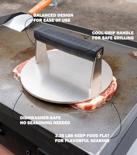 Stainless Steel Burger Smasher 3.25 LB – 8 Inch Steak Weight for Smash Burgers, Bacon, Sandwiches | Dishwasher Safe, Preheatable Protein Press with Silicone Handle | Commercial BBQ Tool - size: Φ8"