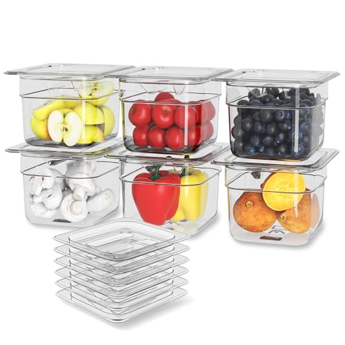 NSF Polycarbonate Food Pans with Lids 6-Pack 1/6 Size 4" Deep Clear Hotel Pans Dishwasher Safe Commercial Food Storage Containers for Prep Tables, Buffet, Salad Bar, Restaurant & Home Kitchen - color: 6 PCS, size: 4'' Deep
