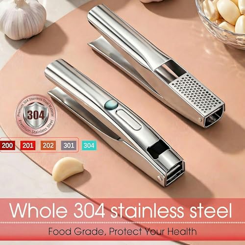 Garlic Press Heavy Duty Mincer and Peeler Set, Rust Proof 304 Stainless Steel Garlic Crusher, Easy-Squeeze Nut Ginger Chopper, Dishwasher Safe Kitchen Gadget - color: Blue