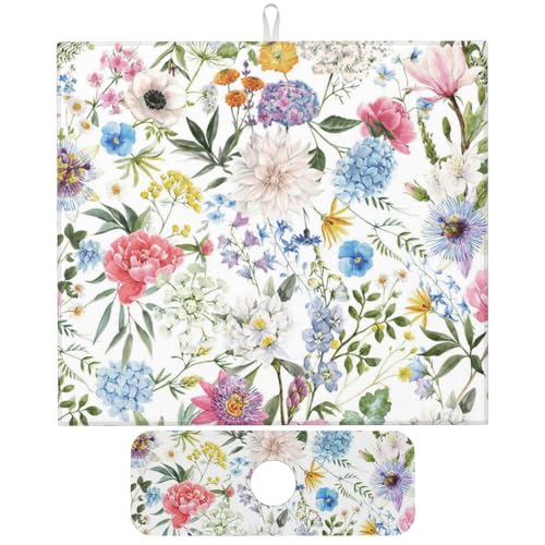 Colorful Flowers Dish Drying Mat for Kitchen Counter, 16"x18" Microfiber Absorbent Fast Dry Mat, 2Pcs Dish Mat Faucet Mats Sets, Large Drying Kitchen Mat Kitchen Drying Pad Coffee Bar Decor Gifts - color: Colorful Flowers, size: 16"X18"