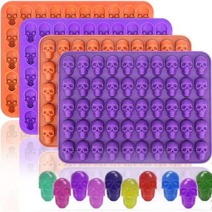 Mini Skull Molds Silicone Halloween for Candy Gummy Chocolate, 200 Cavity 4 pcs Small Head Shapes Freezing Tray Party Wax Melts DIY Moulds BPA Free Treat or Trick Kids Oven Safe - style: Mini Skull - 4PCS