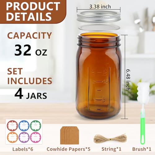 CARBLIN 4 Pack Mason Jars 32 oz, Amber Wide Mouth Canning Jars with Airtight Lids, Glass Pint Jars with Bands Labels Brush, Large Storage Quart Jars for Jam Fermenting Preserving - color: Amber
