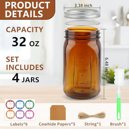 CARBLIN 4 Pack Mason Jars 32 oz, Amber Wide Mouth Canning Jars with Airtight Lids, Glass Pint Jars with Bands Labels Brush, Large Storage Quart Jars for Jam Fermenting Preserving - color: Amber