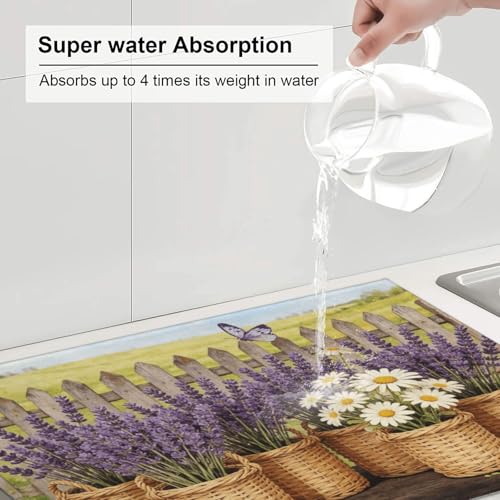 Kitchen Drying Mat for Countertop Lavender Daisy Farmhouse Garden Pattern Non-Slip Kitchen Counter Mat for Dishes Glassware - color: Purple White